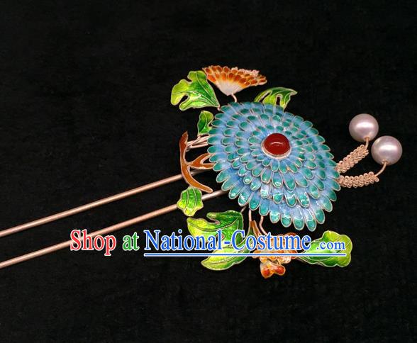 China Handmade Court Cloisonne Chrysanthemum Hair Stick Traditional Palace Hair Jewelry Ancient Qing Dynasty Empress Pearls Hairpin