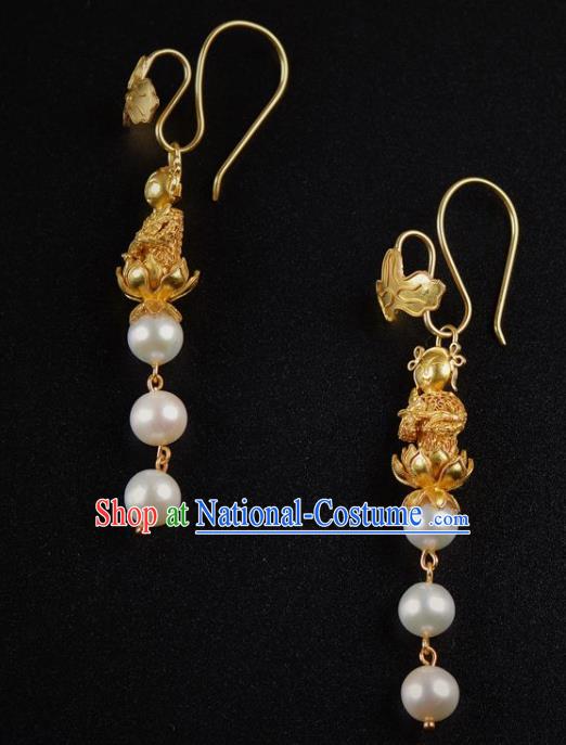 Handmade Chinese Ancient Empress Golden Earrings Jewelry Traditional Qing Dynasty Court Ear Pearls Accessories