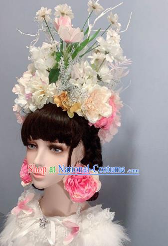 Top White Flowers Chaplet Handmade Royal Crown Stage Show Headwear Wedding Princess Hair Accessories