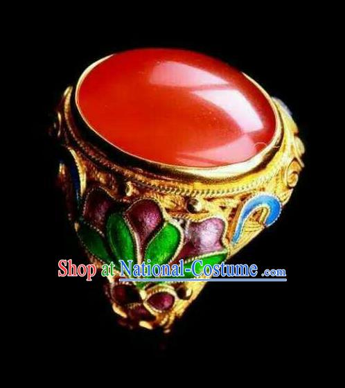 China Ancient Court Queen Agate Ring Traditional Qing Dynasty Cloisonne Jewelry Accessories