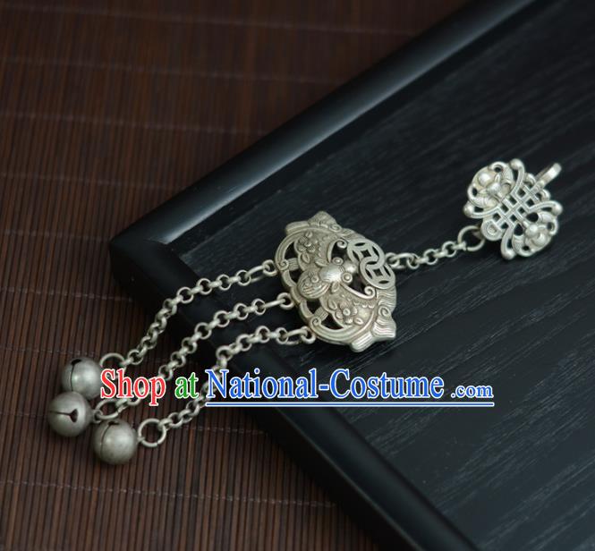 Chinese Traditional Silver Carving Bat Accessories Cheongsam Brooch Jewelry Handmade Bells Tassel Pendant