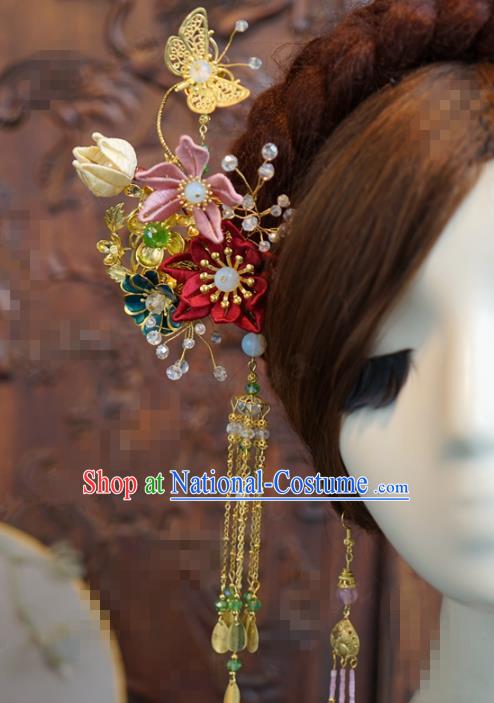 China Wedding Bride Silk Flowers Tassel Hairpin Traditional Hanfu Palace Hair Stick Xiuhe Suit Hair Accessories