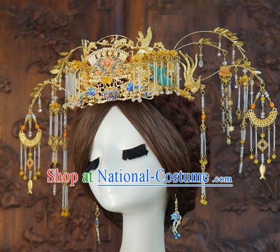 China Ancient Golden Phoenix Coronet Xiuhe Suit Headpieces Traditional Wedding Bride Hair Accessories Full Set