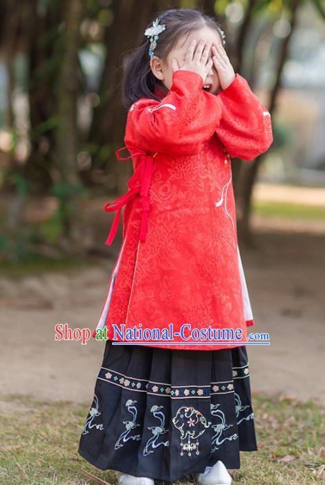 Chinese Traditional Girls Embroidered Red Blouse and Black Skirt Ancient Ming Dynasty Princess Costume for Kids