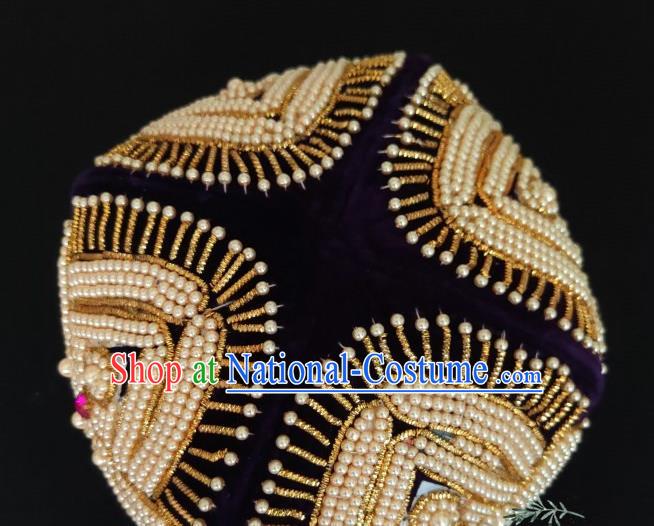 Chinese Traditional Uyghur Nationality Embroidered Beads Purple Hat Ethnic Folk Dance Stage Show Headwear for Women