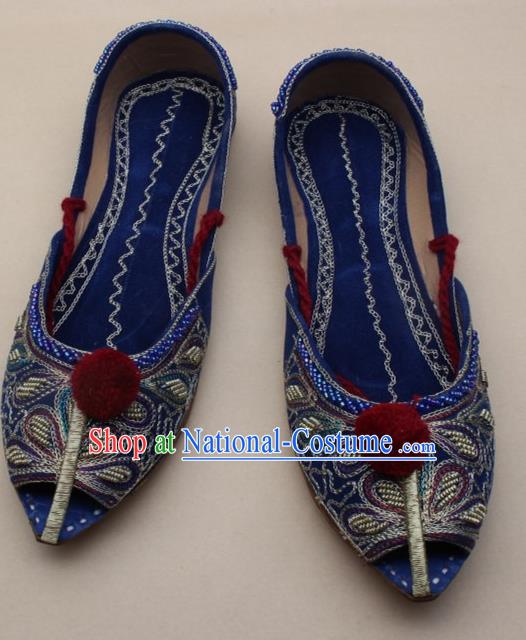 Asian India Traditional National Embroidered Royalblue Shoes Handmade Indian Folk Dance Shoes for Women