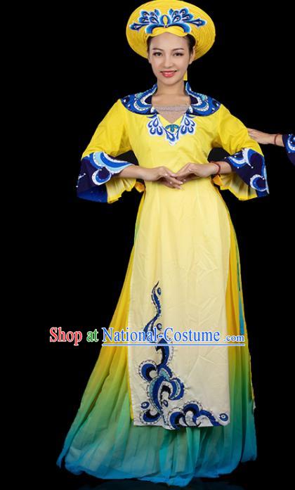 Traditional Chinese Jing Nationality Printing Yellow Dress Ethnic Ha Festival Folk Dance Costume for Women