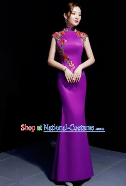 Chinese Traditional Embroidered Rose Purple Qipao Dress Compere Cheongsam Costume for Women
