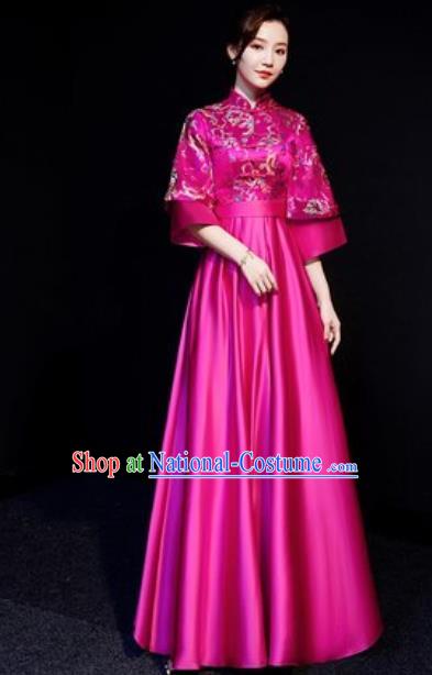 Chinese Traditional Bridesmaid Embroidered Rosy Full Dress Spring Festival Gala Compere Cheongsam Costume for Women