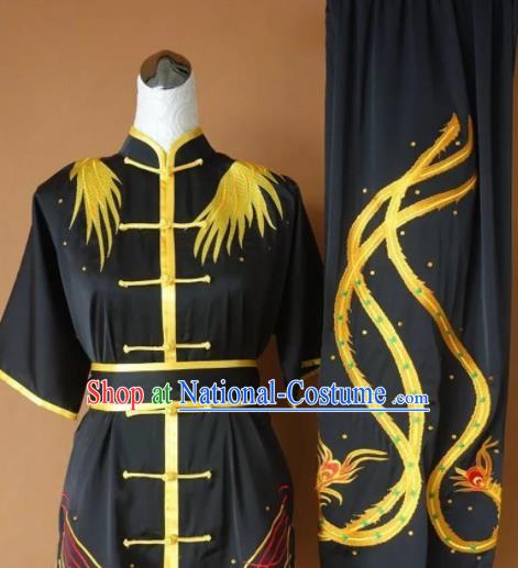 Chinese Tai Chi Changquan Embroidered Phoenix Black Garment Outfits Traditional Kung Fu Martial Arts Costumes for Adult
