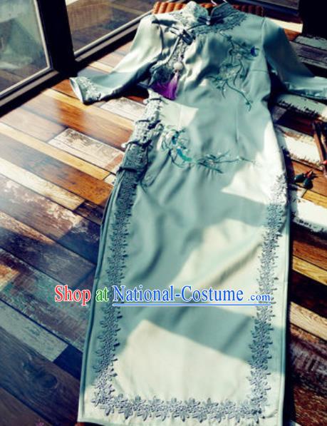 Chinese Traditional Embroidered Plum Green Silk Qipao Dress National Tang Suit Cheongsam Costumes for Women