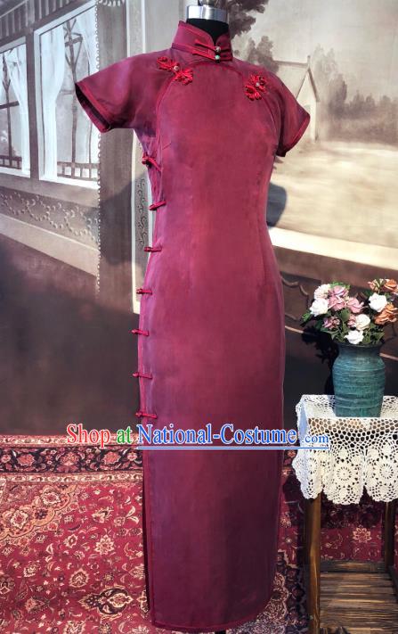 Chinese Traditional Wine Red Qipao Dress National Tang Suit Cheongsam Costumes for Women