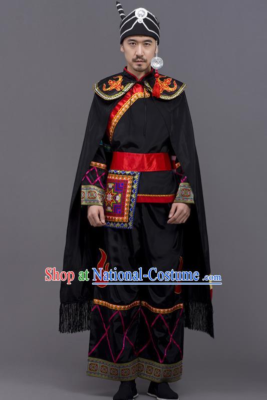 Chinese Traditional Yi Nationality Wedding Black Garment Ethnic Folk Dance Costume for Men