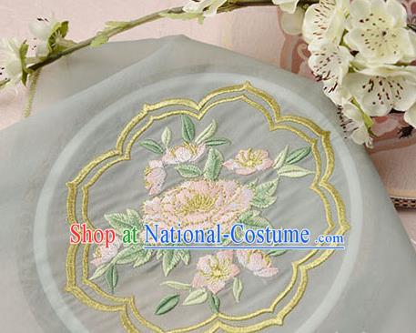 Chinese Traditional Embroidered Peony Light Grey Chiffon Applique Accessories Embroidery Patch