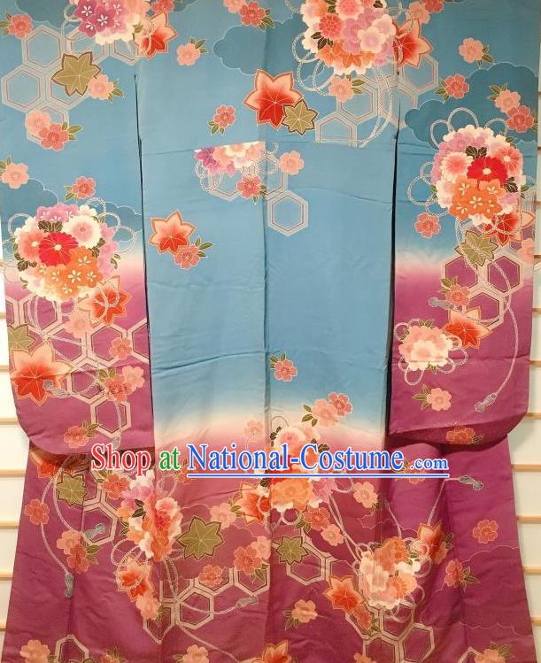 Japanese Traditional Printing Chrysanthemum Blue Furisode Kimono Japan Yukata Dress Costume for Women