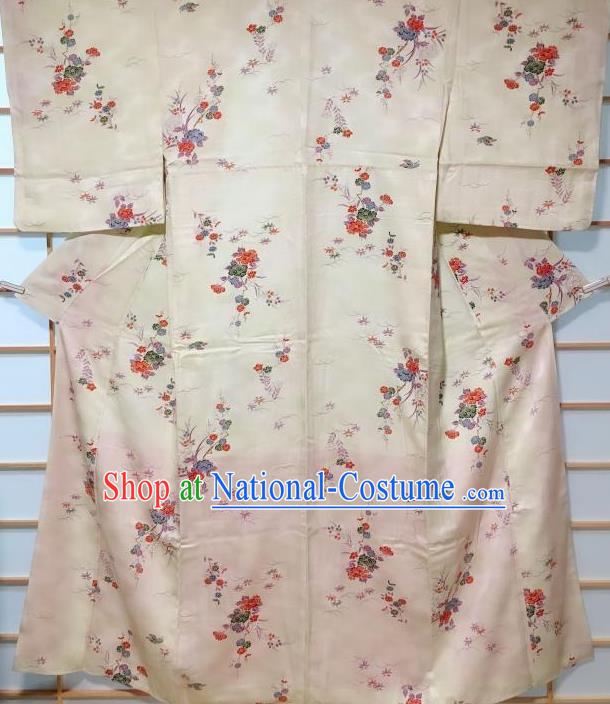 Japanese Classical Printing Peony Beige Tsukesage Kimono Japan Traditional Yukata Dress Costume for Women