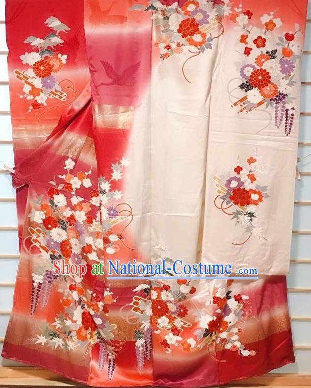 Japanese Classical Peony Crane Pattern Red Furisode Kimono Japan Traditional Yukata Dress Costume for Women