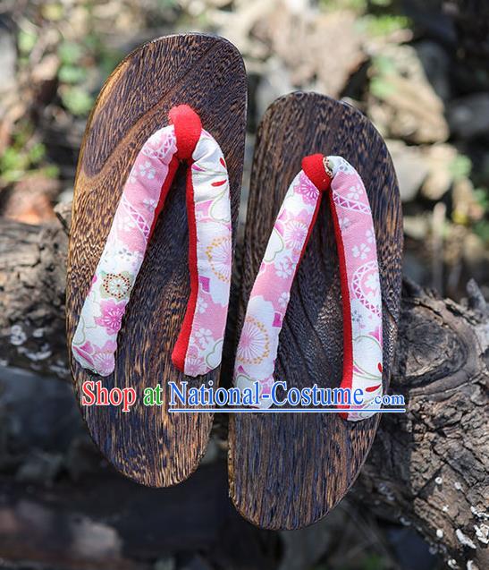 Traditional Japanese Sakura Pattern Pink Geta Slippers Asian Japan Clogs Shoes for Women