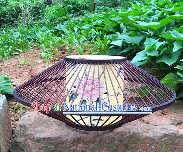 Traditional Chinese Printing Peony Black Hanging Lanterns Handmade Lantern Bamboo Art Scaldfish Lamp