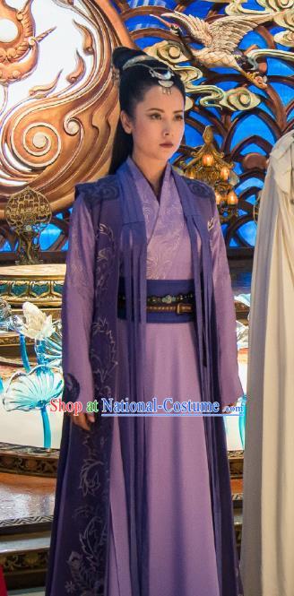 Chinese Ancient Swordsman Costume Historical Drama The Taosim Crandmaster Female Swordsman Lian Bixie Purple Dress and Hair Accessories