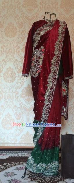 Indian Traditional Wedding Purplish Red Satin Saree Dress Asian Hui Nationality Bride Embroidered Costume for Women