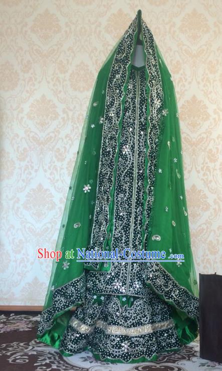 Indian Traditional Diamante Green Satin Lehenga Costume Asian Hui Nationality Wedding Bride Embroidered Dress for Women