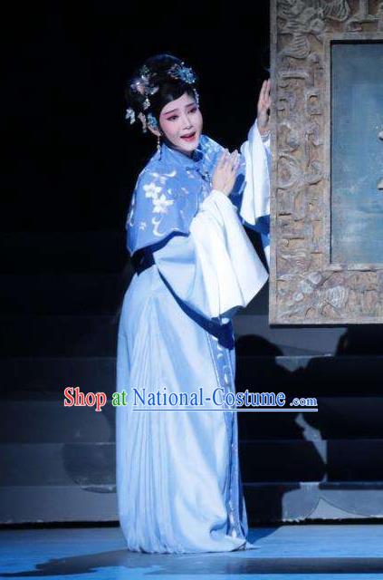 Chinese Kun Opera Hua Tan Wan Qiu Blue Dress Diva Apparels Costumes and Headdress Rong Bao Zhai Kunqu Opera Young Lady Garment