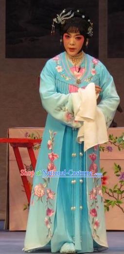 Chinese Ping Opera Actress Diva Apparels Costumes and Headpieces Nao Yan Fu Traditional Pingju Opera Hua Tan Yan Lanzhen Blue Dress Garment