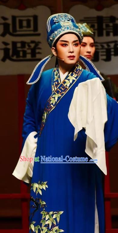 Chinese Yue Opera Xiao Sheng Scholar Costumes and Hat Shaoxing Opera Yan Zhi Apparels Young Male Garment Blue Embroidered Robe