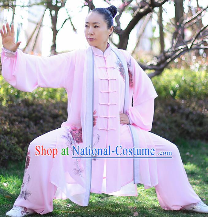 Professional Tai Chi Competition Pink Costume Tai Ji Embroidered Outfits Top Grade Martial Arts Training Uniform Clothing for Women
