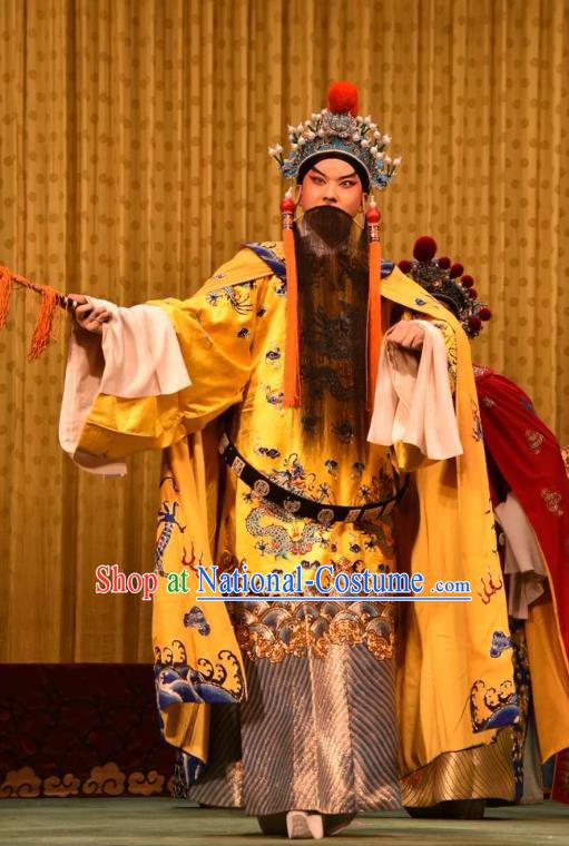 Jin Sha Tan Chinese Shanxi Opera Song Emperor Apparels Costumes and Headpieces Traditional Jin Opera Monarch Garment Elderly Male Zhao Guangyi Clothing