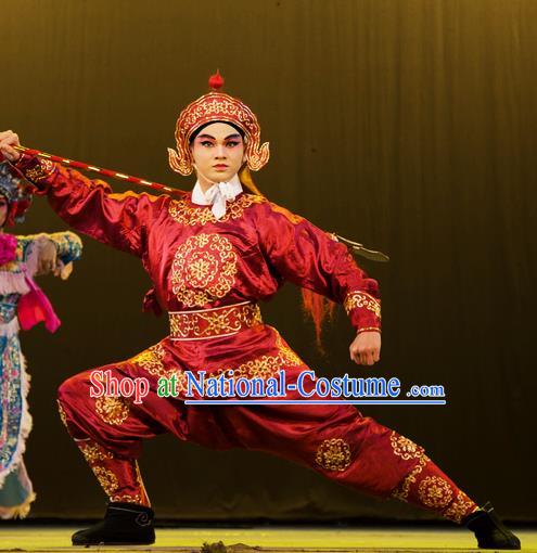 Hu Jia Zhuang Chinese Hubei Hanchu Opera Martial Male Apparels Costumes and Headpieces Traditional Han Opera Swordsman Garment Wusheng Hua Rong Clothing