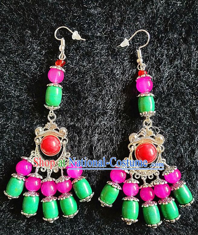 Chinese Traditional Zang Ethnic Green Beads Earrings Bohemian Ear Accessories Handmade Eardrop Decoration for Women