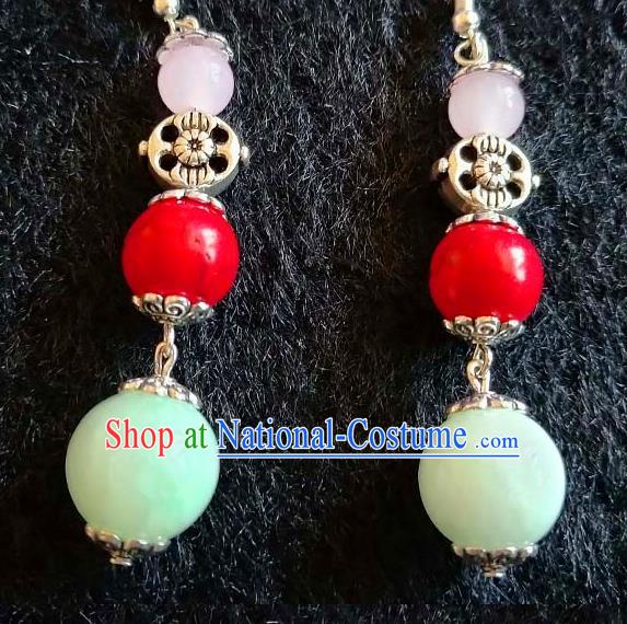 Chinese Traditional Zang Ethnic Light Green Bead Earrings Ear Accessories Handmade Tibetan Nationality Eardrop Decoration for Women