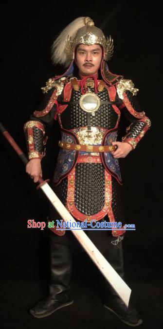 Traditional Chinese Han Dynasty General Black Leather Body Armor Ancient Warrior Military Officer Costumes and Helmet for Men
