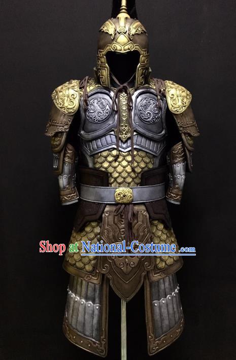 Traditional Chinese Han Dynasty Military Officer Body Armor Outfits Ancient Film General Armour Costumes and Helmet Full Set