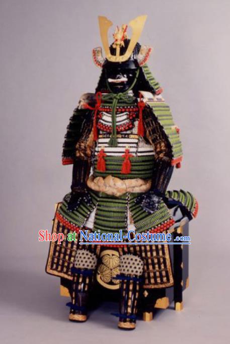 Japanese Traditional General Green Body Armor Outfits Ancient Film Warrior Shogun Armour Costumes and Helmet for Men