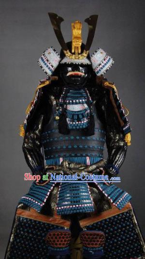 Japanese Traditional General Black Body Armor Outfits Ancient Film Warrior Shogun Armour Costumes and Helmet and Boots Complete Set for Men