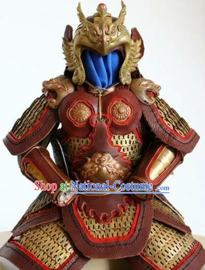 Traditional Chinese Han Dynasty General Leather Body Armor Outfits Ancient Film Military Officer Armour Costumes and Helmet for Men