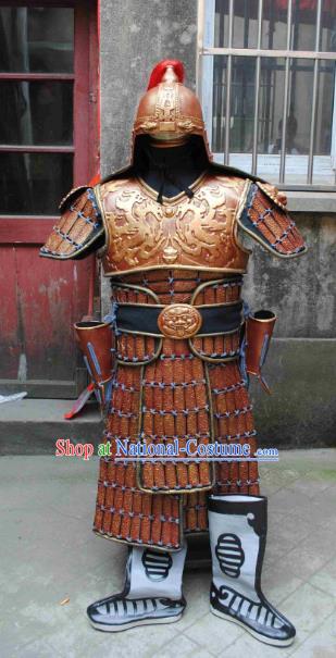 Traditional Chinese Han Dynasty General Body Armor Outfits Ancient Film Military Officer Armour Costumes and Helmet and Boots Full Set