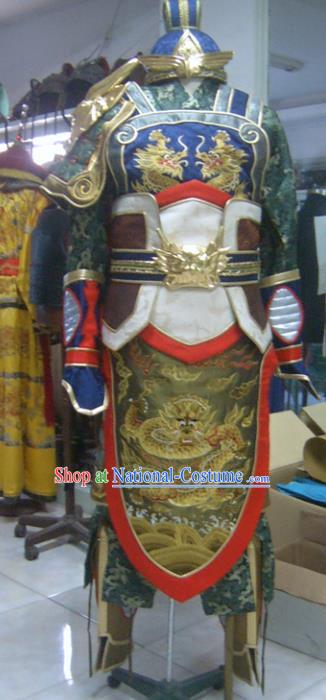 Traditional Chinese Three Kingdoms Period General Guan Yu Body Armor Outfits Ancient Film Military Officer Armour Costumes and Headwear Full Set