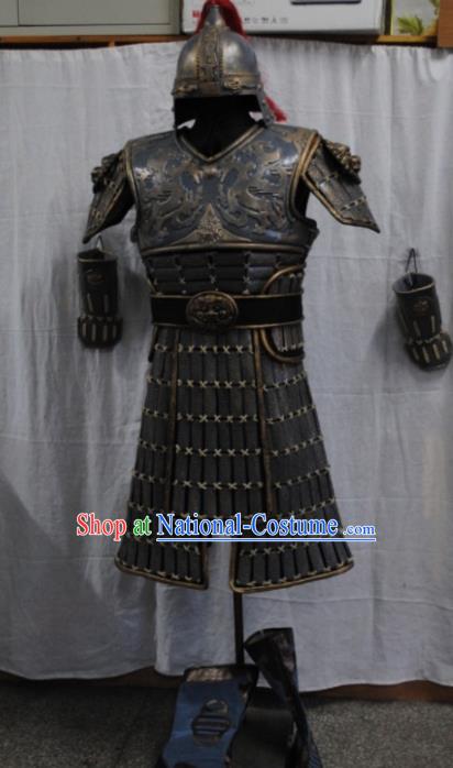 Traditional Chinese Han Dynasty Warrior Body Armor Outfits Ancient Film Soldier Armour Costumes and Headwear Full Set