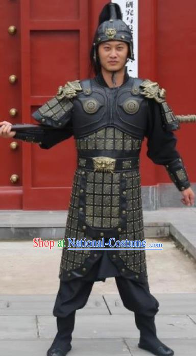 Traditional Chinese Han Dynasty Warrior Body Armor Outfits Ancient Film General Armour Soldier Costumes and Headwear Full Set