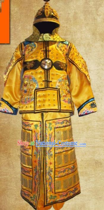 Traditional Chinese Qing Dynasty Emperor Golden Body Armor Outfits Ancient Film Manchu General Armour Costumes and Headwear Full Set