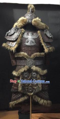 Traditional Chinese Yuan Dynasty Warrior Body Armor Outfits Ancient Film General Fur Armour Costumes and Headwear Full Set