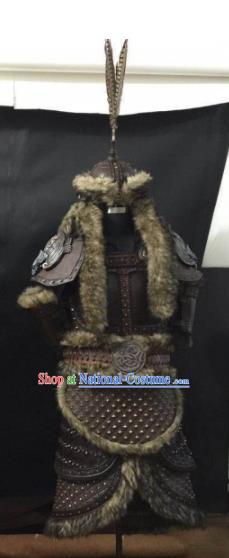 Traditional Chinese Song Dynasty Warrior Body Armor Outfits Ancient Film Liao Dynasty General Fur Armour Costumes and Headwear Full Set