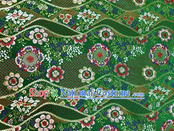 Japanese Traditional Flow Flowers Pattern Design Green Nishijin Brocade Fabric Silk Material Traditional Asian Japan Kimono Dress Satin Tapestry