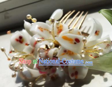 Handmade Chinese Court Princess Hairpins Traditional Classical Hair Accessories Ancient Qing Dynasty White Lily Flowers Hair Comb for Women