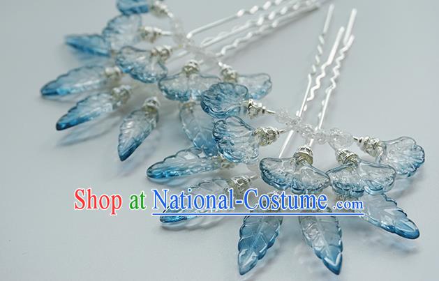 Handmade Chinese Blue Leaf Hair Clip Traditional Hair Accessories Ancient Hanfu Classical Argent Hairpins for Women