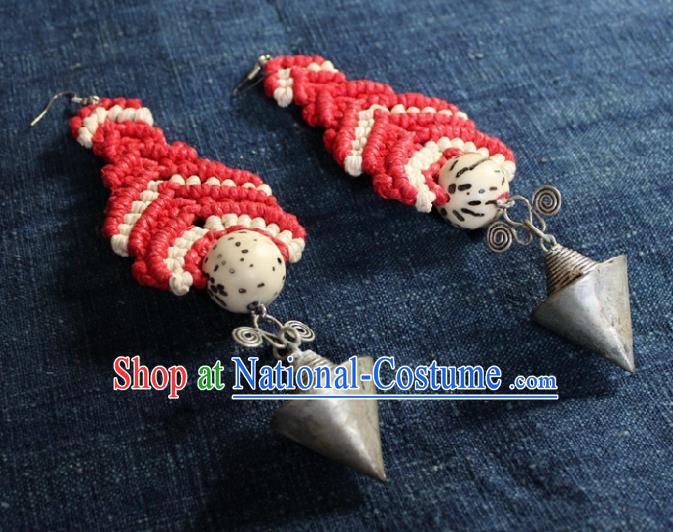 Chinese Handmade Miao Nationality Sennit Red Ear Accessories Traditional Minority Ethnic Silver Cone Earrings for Women